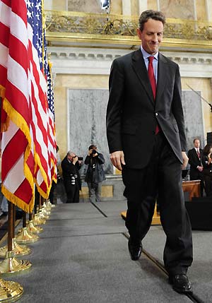 US Treasury Secretary Timothy Geithner speaks at a press conference in Washington, the United States, on Feb. 10, 2009. The Obama administration Tuesday unveiled a new financial bailout package to restore the US ailing financial system. [Xinhua]