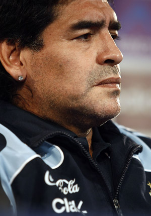 Argentina's soccer team head coach Diego Maradona attends a news conference in Marseille, Feb. 10, 2009. Argentina will play France in an international friendly soccer match at the Velodrome stadium in Marseille on Feb. 11.(Xinhua/Reuters Photo)