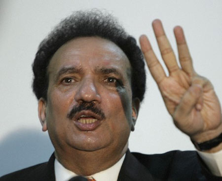 The advisor to the Prime Minister of Pakistan Rehman Malik attends a press conference in Islamabad, on Feb. 12, 2009. Malik said that the part of the conspiracy was made in Pakistan and the attackers went to India from Thatta, a town in the southern Sindh province in Pakistan. 