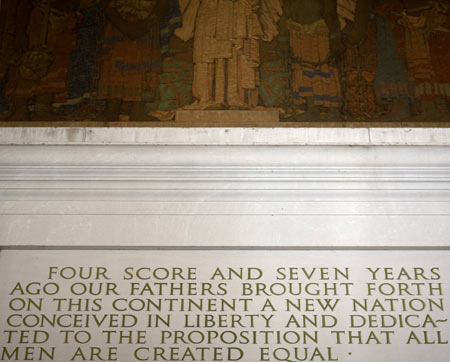 The opening line of Abraham Lincoln's 'Gettysburg Address' is displayed at the Lincoln Memorial ahead of celebrations commemorating the 200th anniversary of Lincoln's birth in Washington February 11, 2009. The 16th President of the United States was born February 12, 1809. 