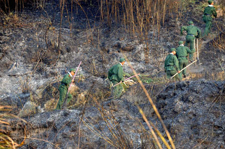 Armed Policemen are going to put out forest fire in Shaxian County of Sanming City, 270 km from Fuzhou, capital of southeast China's Fujian province, Feb. 13, 2009. 