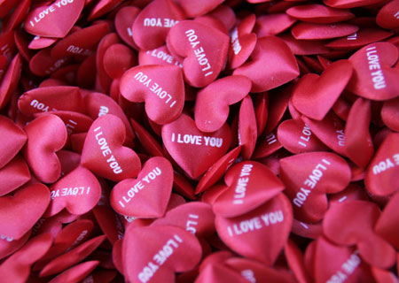 Small heart-shaped ornaments are displayed for Valentine&apos;s Day in a shop in Beirut February 13, 2009. 