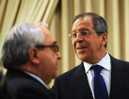 Russian Foreign Minister Sergei Lavrov smiles during a meeting with Israeli President Shimon Peres (unseen in picture) in Jerusalem, Israel, Feb. 15, 2009. [Yin Bogu/Xinhua]