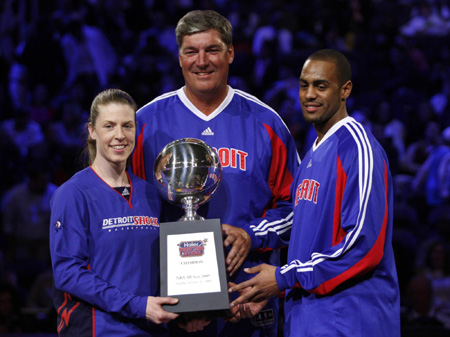 Detroit Pistons&apos; Arron Afflalo (R) poses with Detroit Shock head coach Bill Laimbeer and Shock guard Katie Smith after they won the &apos;Shooting Stars&apos; competition at the NBA All-Star basketball weekend in Phoenix, Arizona, February 14, 2009. [China Daily/Agencies] 