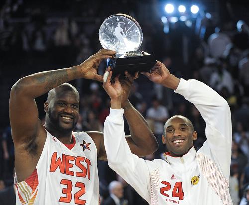 Kobe Bryant (R) and Shaquille O'Neal were elected the Most Valuable Player of the NBA's annual All-Star Game on Sunday. 