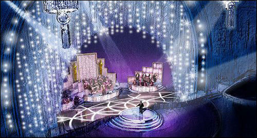 A rendering of the stage design for the 81st Annual Academy Awards ceremony, scheduled for February 22, 2009 at the Kodak Theatre in Hollywood. The stage was designed by New York architect David Rockwell, who is credited with designing the sets for musicals 'Hairspray' and 'Legally Blonde'. With Oscar viewing figures at an all-time low last year, the New York Times describes Rockwell's effort as one 'to recapture the show's nightclubby, Champagne-popping, convivial, communal roots.' 