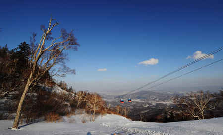 Cable cars run down the hill in the Yabuli Ski Resort, 195km southeast away from Harbin City, capital of northeast China's Heilongjiang Province, Feb 17, 2009. [Wang Jianwei/Xinhua]