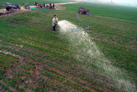 A villager pumps water to irrigate his wheat farmland at Hancun Township in Huaibei City, east China's Anhui Province, Feb. 17, 2009. Local residents continue to water their wheat seedlings to ensure the growth after the most severe drought hit northern and eastern China in half a century. [Chen Banggan/Xinhua] 