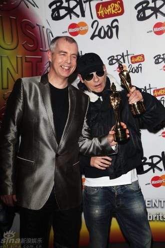 Pet Shop Boys on receiving their award trophies at 2009 Brit awards in London, Feb. 18, 2009. 