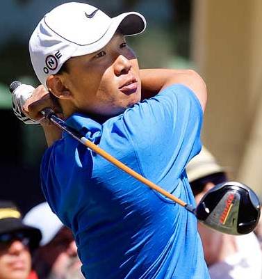 Anthony Kim tees off on the 10th hole on the first day of the Johnnie Walker Classic at The Vines in Perth, Western Australia, yesterday. The American shot a four-under 68.