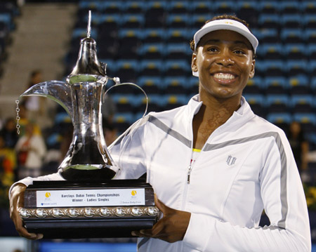 Venus Williams from the U.S. holds the trophy after defeating France's Virginie Razzano during the final of the Dubai WTA Tennis Championships in Dubai, United Arab Emirates, Saturday, Feb. 21, 2009.[Xinhua/Reutres]