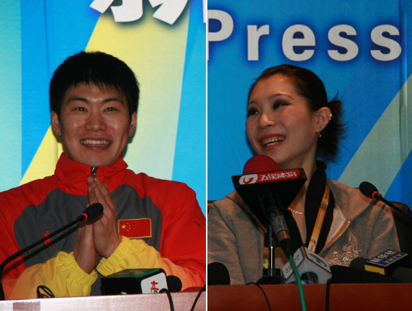 Zhang Dan (R) and Zhang Hao were happy with their performance in the pairs figure skating of the Harbin Winter Universiade.