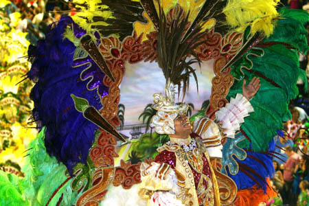 A dancer performs during the samba parade in Rio de Janeiro, southeast Brazil, Feb. 22, 2009. The special samba group with Brazil's top 12 samba teams began performing during the annual Rio Carnaval in Rio de Janeiro.[Zhang Chuanqi/Xinhua]