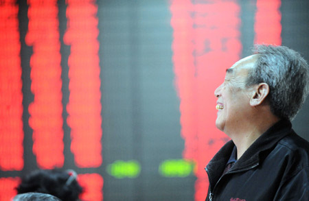 A stock holder reacts in front of a board displaying stocks index in Beijing, capital of China, on Feb. 23, 2009. Chinese equities gained almost 2 percent Monday as investors expected more stimulus policy on property sector, analysts said. The benchmark Shanghai Composite Index climbed 1.96 percent, or 44.3 points, to 2,305.78. The Shenzhen Component Index was up 3.61 percen to 8,727.7 points. [Xinhua] 
