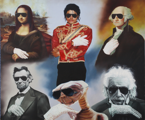 An original painting on stretched canvas featuring popular culture and historic figures all wearing Jackson&apos;s icnoic sunglasses and glove. Estimate: $1,000 - $2,000 [China.org.cn/Julien&apos;s Auctions/Shaan Kokin]