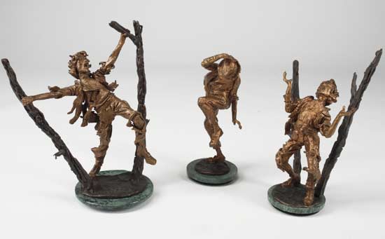A group of three bronze sculptures by Danie De Jager (South African, 20th Century). One entitled 'Earth Song' dated 1996, one of Michael Jackson dancing, dated 1996, and one of a figure between tree trunks, dated 1996. Estimate: $800 - $1,200 [China.org.cn/Julien's Auctions/Shaan Kokin] 