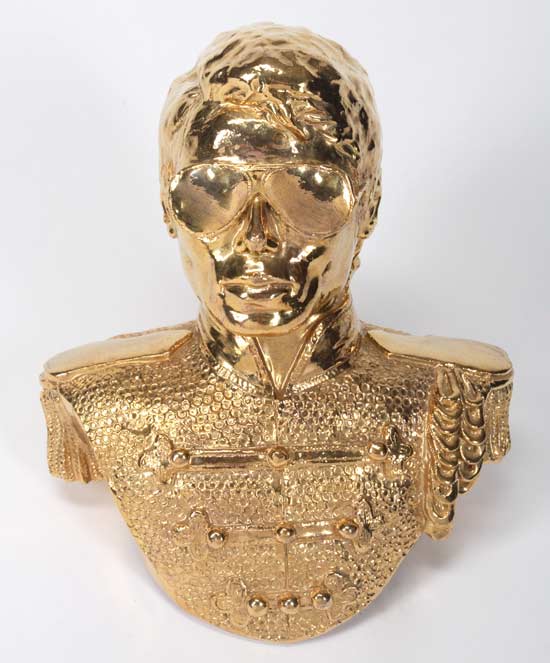 A gold painted plaster portrait bust of a 1980s Thriller era Michael Jackson wearing aviator shades and a military style jacket. Estimate: $100 - $150 [China.org.cn/Julien's Auctions/Shaan Kokin] 