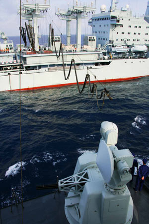 China's comprehensive supply vessel 'Nancang' (Back) refuels destroyer 'Guangzhou' with an oil pipeline, on the South China Sea, south China, Feb. 24, 2009. 