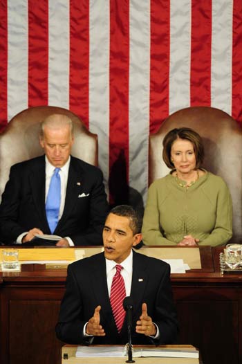 U.S. President Barack Obama (front) addresses a joint session of U.S. Congress, on Capitol Hill, Washington D.C., the United States, Feb. 24, 2009. [Xinhua]