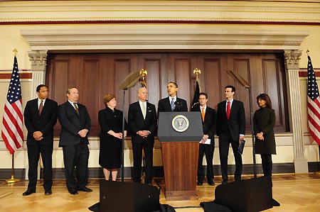 U.S. President Barack Obama (Front) makes a statement about the Fiscal Year 2010 budget in the Eisenhower Executive Office Building in Washington, February 26, 2009. 