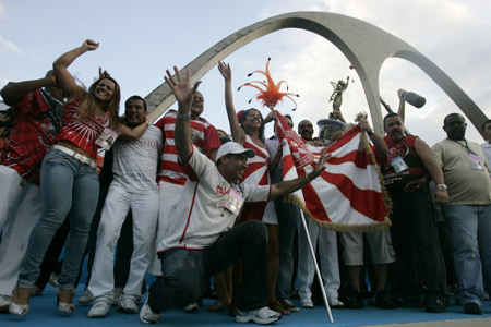 Members of the Salgueiro samba school celebrate after winning the 2009 Carnival title at the Sambadrome in Rio de Janeiro, February 25, 2009. 
