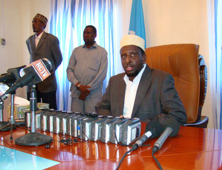 Somali President Sheikh Sharif Sheikh Ahmed attends a press conference in the Presidential Palace in Mogadishu, the capital of Somalia, on Feb. 28, 2009.