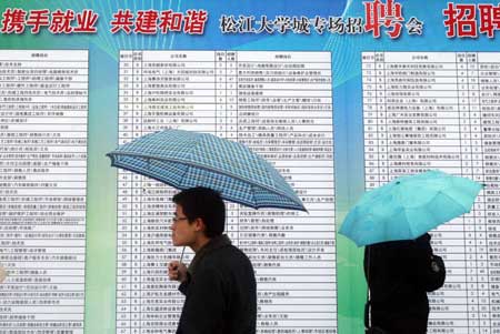 Some job hunters look through recuitment information on a special job fair for university graduates in Songjiang University City of Shanghai, China, Feb. 27, 2009. With over 1,400 job vacancies provided by 170 employers, the job fair attracted over 8,000 graduating university students for job hunting.