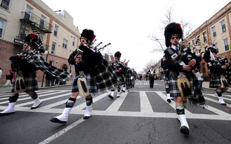 A parade is held in Queens of New York, the United States, on March 1, 2009, to celebrate the upcoming Saint Patrick's Day. Saint Patrick's Day parades are now held throughout not only Ireland but also countries with big emigrant communities like the United States and Britain. The Saint Patrick's Day falls on March 17 annually.