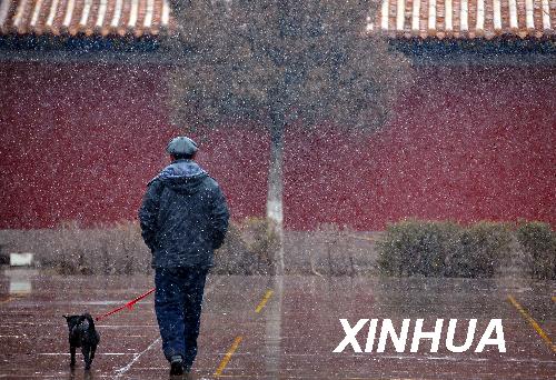 People welcome the snowfall in Yinchuan, Ningxia Hui Autonomous Region March 2, 2009. Snow has hit parts of Central China and will continue in the coming days.