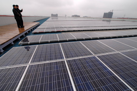 The photo taken on March 2, 2009 shows a matrix of solar panels in Hefei Solar PV Power Plant, in Hefei, capital of east China's Anhui Province. [Ma Qibing/Xinhua] 