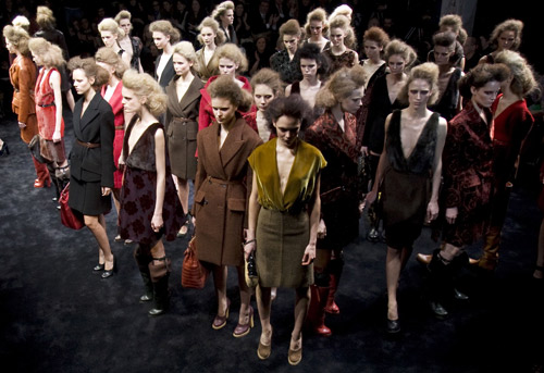 Models display creations by Italian designer house Prada during their Fall/Winter 2009/10 women's collection show at Milan Fashion Week March 1, 2009.