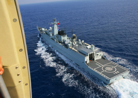 Photo taken from a helicopter shows China's destroyer 'Guangzhou' sailing in the Indian Ocean on the way to Pakistan March 2, 2009. 