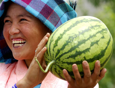 A farmer is happy with the good harvest of watermelon in Xigaze, southwest China's Tibet Autonomous Region, June 15, 2007.