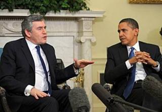 British Prime Minister Gordon Brown speaks during meeting with US President Barack Obama in the Oval Office of the White House in Washington, DC.[Mandel Ngan/CCTV/AFP] 