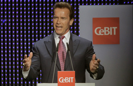 California Governor Arnold Schwarzenegger gives a speech during the opening ceremony of the CeBIT computer fair in the northern German town of Hanover March 2, 2009.