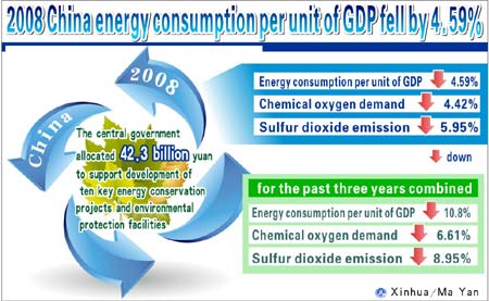 Graphics shows 2008 China energy consumption per unit of GDP fell by 4.59% according to government work report of China on March 5, 2009.