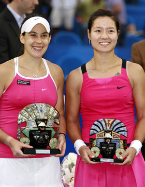Marion Bartoli of France (L) poses for a photocall with China's Li Na during the awarding ceremony for the singles final at the WTA Monterrey Tennis Open, in Monterrey, Mexico, on March 8, 2009. Marion Bartoli won the title by beating Li Na 2-0 (6-4, 6-3). [Xinhua]