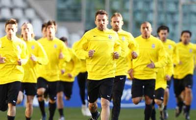 Juventus warms up for Champions League soccer match