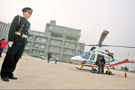 A security guard on duty at China's first private heliport in Nanjing, the capital of Jiangsu province, on Saturday.