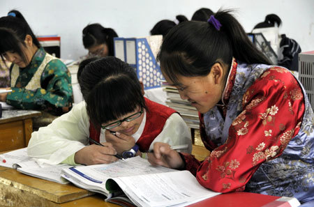 Tibetan students do homeworks in No. 4 High school in Yingkou, northeast China's Liaoning Province, March 10, 2009. [Xinhua photo]