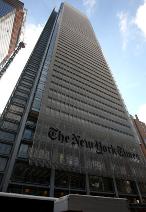 The headquarters building of New York Times is seen in this picture taken in Manhattan of New York, March 10, 2009. The New York Times has sold part of its landmark headquarters for 225 million dollars in a deal that will see it leaseback the office space for a starting rent of 24 million dollars a year, The New York Times Company announced Monday.  [Xinhua]