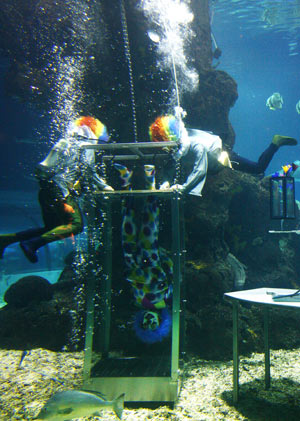 Three magicians perform a magic show underwater in Changfeng Aquarium in Shanghai, east China, Mar. 11, 2009.(Xinhua/Pei Xin) 