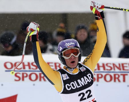 Maria Riesch of Germany reacts in the finish area after the women's Downhill race at the Alpine Skiing World Cup Finals in Are March 11, 2009.