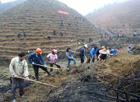  People plant saplings in Xiuning County, east China's Anhui Province, Mar. 12, 2009. 
