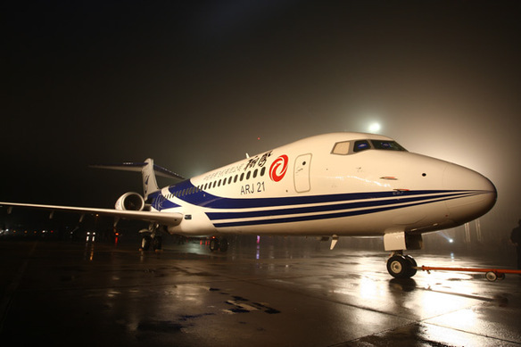 ARJ21-700, the first jet airliner made in China, came off the assembly line on December 21, 2007, in Shanghai.