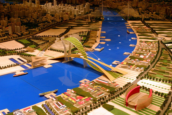 Urban planning model along the banks of the Huangpu River.