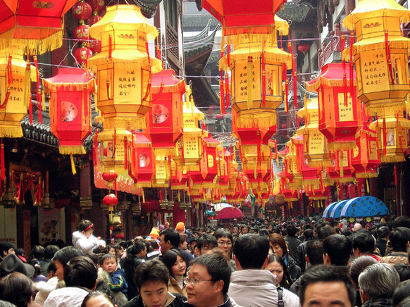 An exhibition of lanterns at a town god’s temple during the Spring Festival 