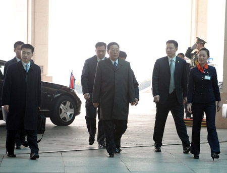 Visiting Premier of the Democratic People's Republic of Korea (DPRK) Kim Yong Il (FRONT C) arrives in Beijing, capital of China, March 17, 2009, kicking off his official goodwill visit to China. [Rao Aimin/Xinhua]