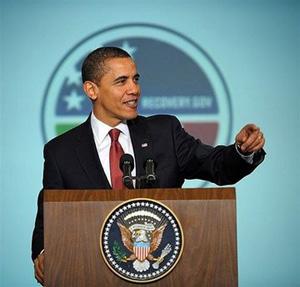 US President Barack Obama speaks during the Recovery Act Implementation Conference in the Eisenhower Executive Office Building next to the White House in Washington,DC.[Mandel Ngan/CCTV/AFP] 