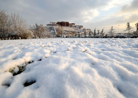 Photo taken on March 20, 2009 shows the snow scene near the Potala Palace in Lhasa, capital of southwest China's Tibet Autonomous Region. [Xinhua]